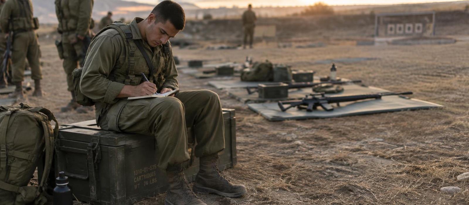 Soldier writing notes in a field notebook at a training range