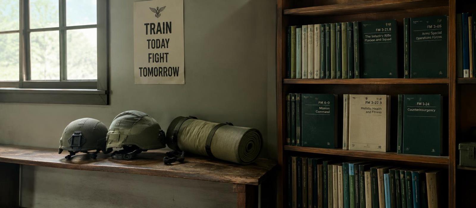 Military training library with field manuals and combat helmets Military training library with field manuals and combat helmets