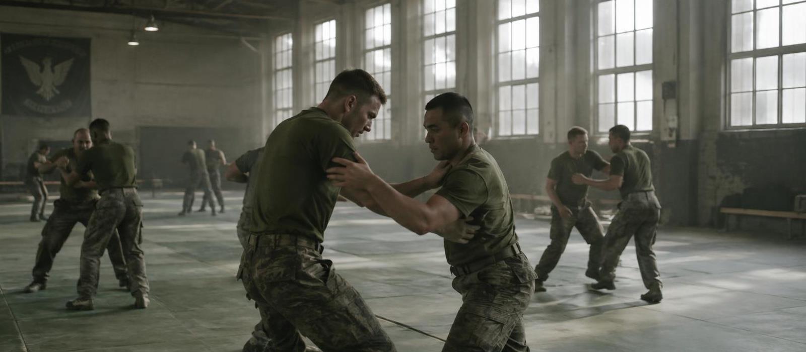 Soldiers practicing partner martial arts drills in a military gym