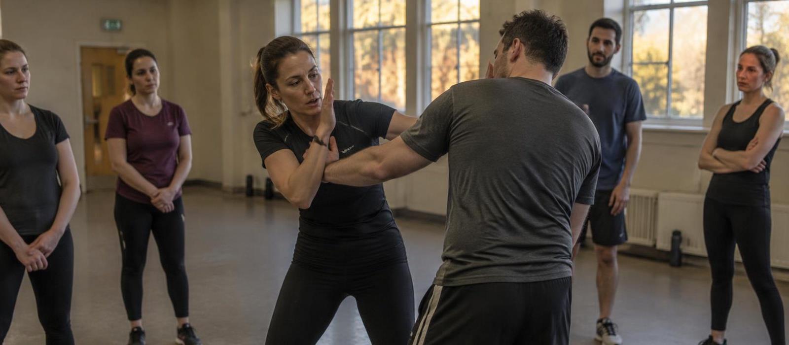 Instructor demonstrating a defensive frame during a self-defense class Instructor demonstrating a defensive frame during a self-defense class